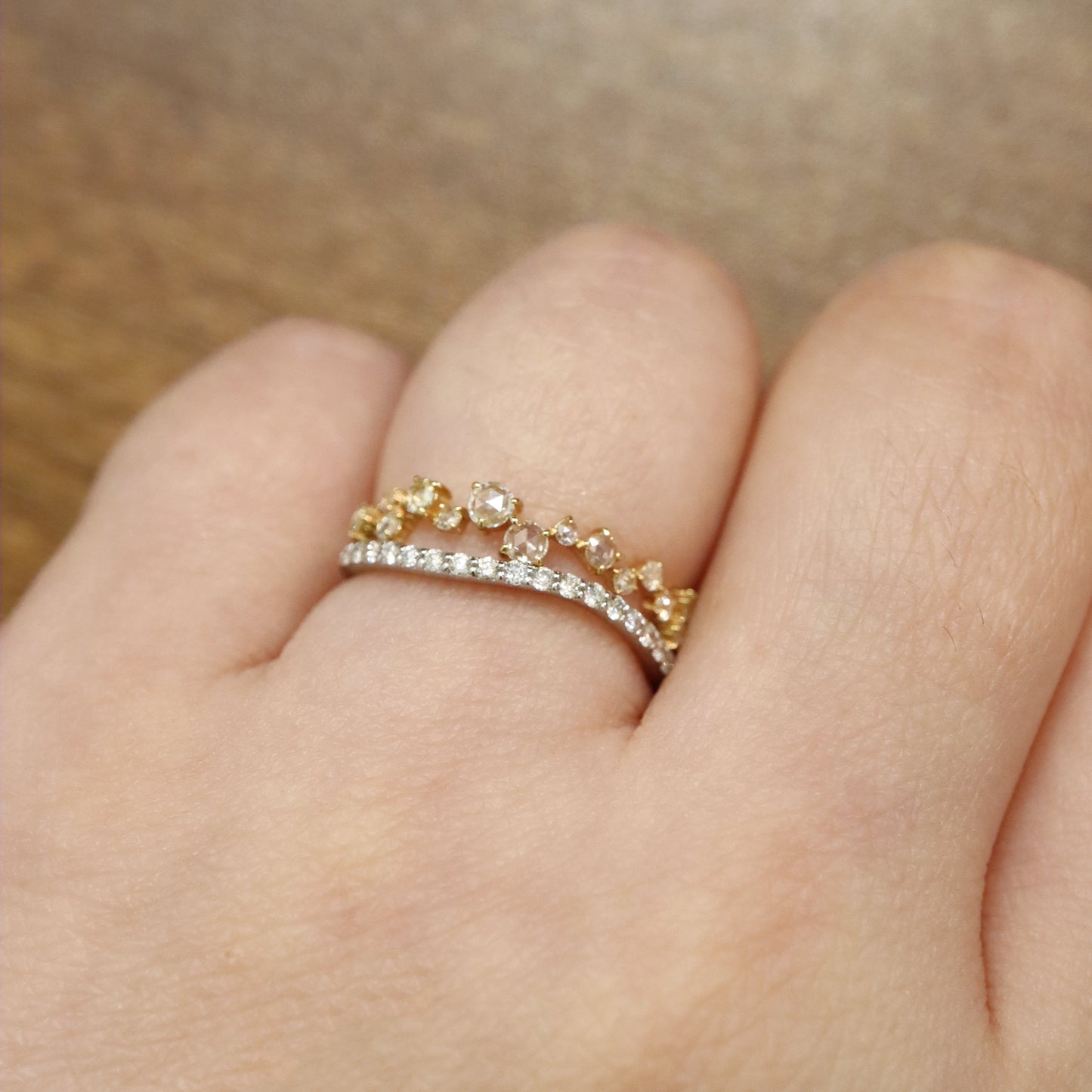 18K Pt950 Rose Cut Diamond Wavy Ring