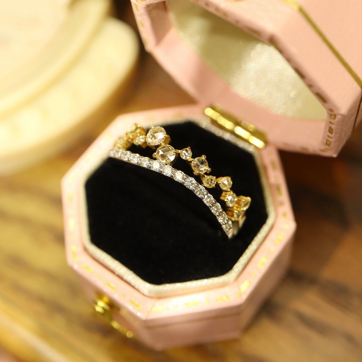 18K Pt950 Rose Cut Diamond Wavy Ring