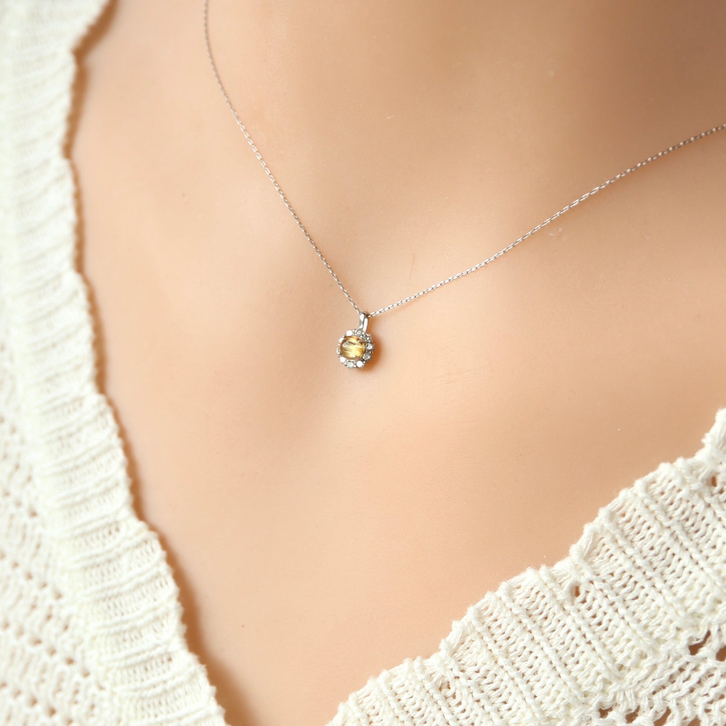 18K Golden Hair Quart and Diamond Necklace