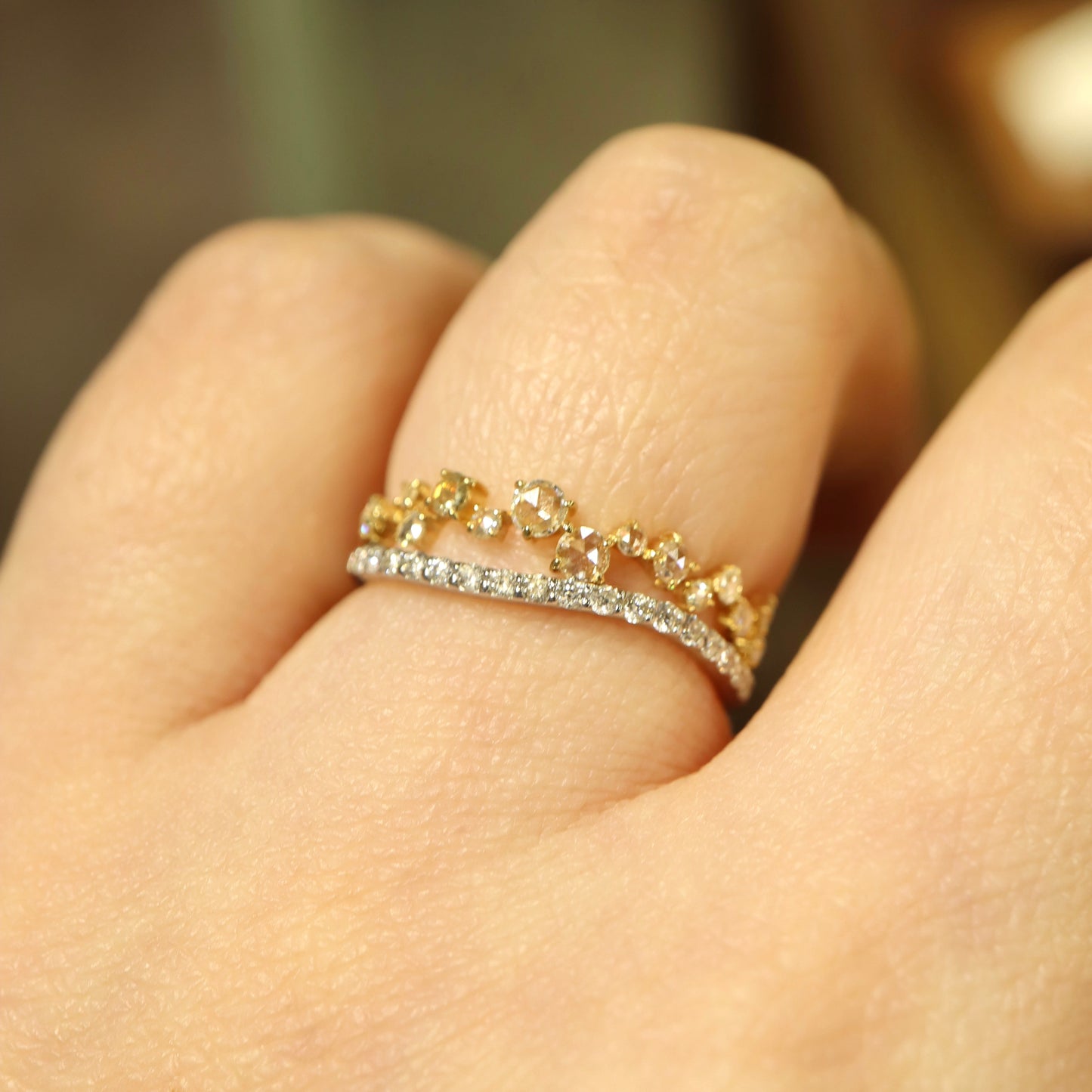 18K Pt950 Rose Cut Diamond Wavy Ring